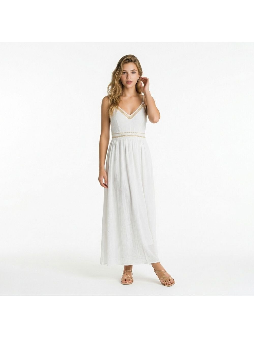Japna White Boho Maxi Dress Embroidered V Neck Smocked Back Size S
